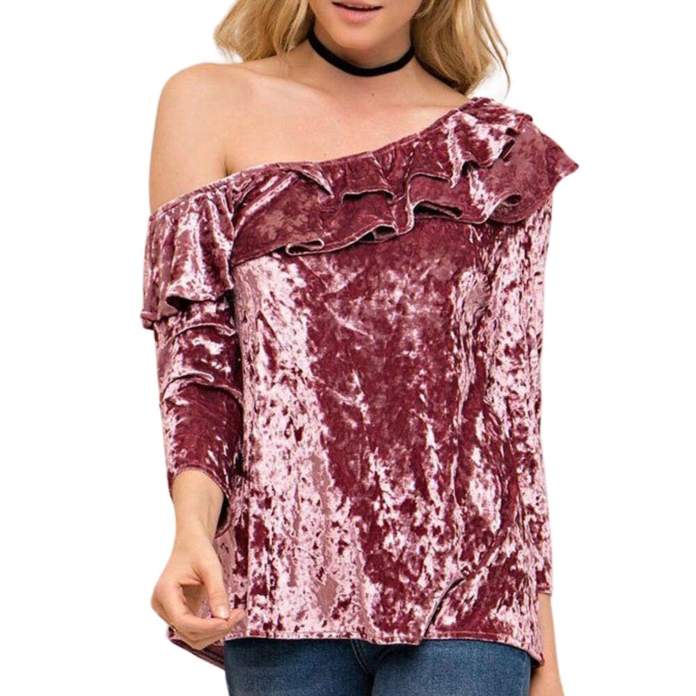 Entro Pink Velvet Top Ruffled One Shoulder Blouse Medium Whimsygoth Coquette New